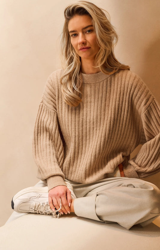 Gerippter Pullover mit Rundhalsausschnitt und langen Ärmeln, YAYA