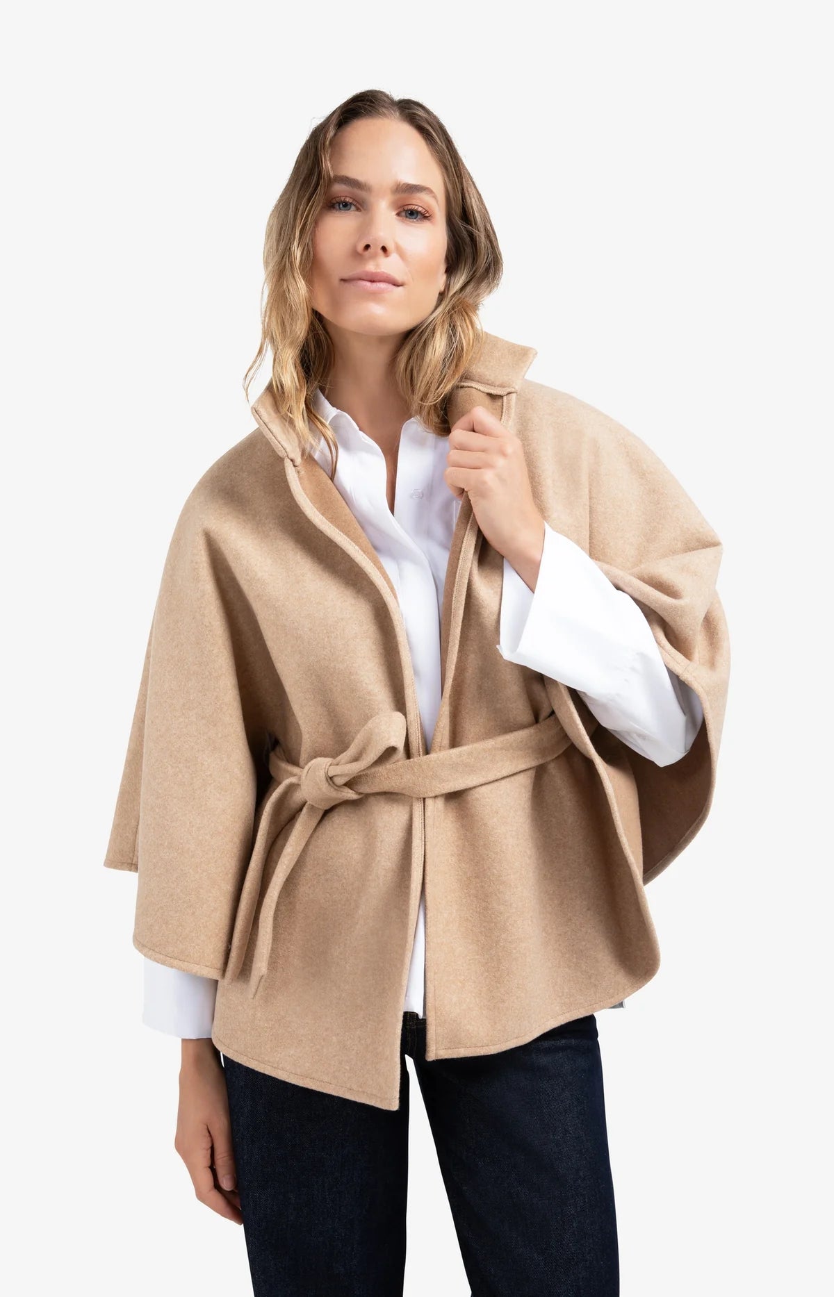 Soft woven poncho with collar and belt, YAYA